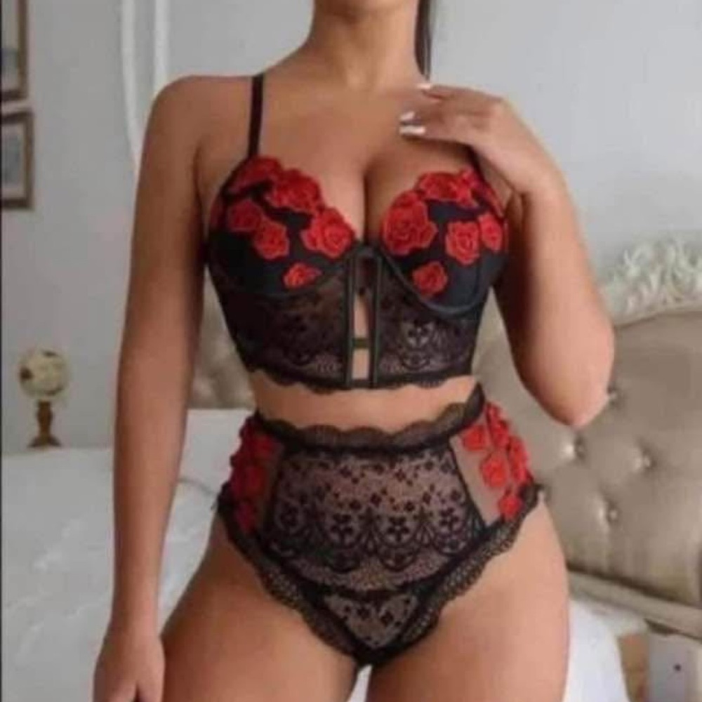 Elegant Black and Red Lace Lingerie Set